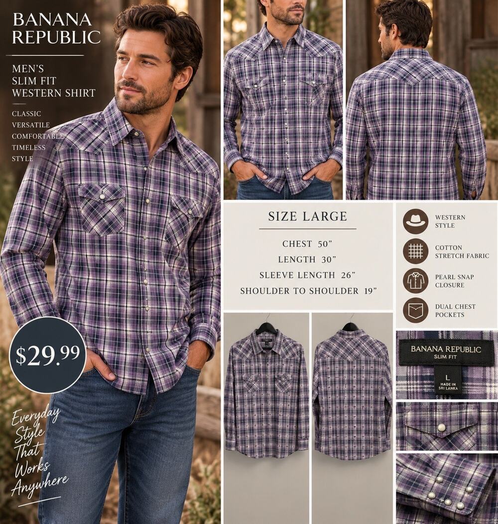 Banana Republic Slim Fit L Long Sleeve Plaid Button-Up Shirt Purple Cotton Blend